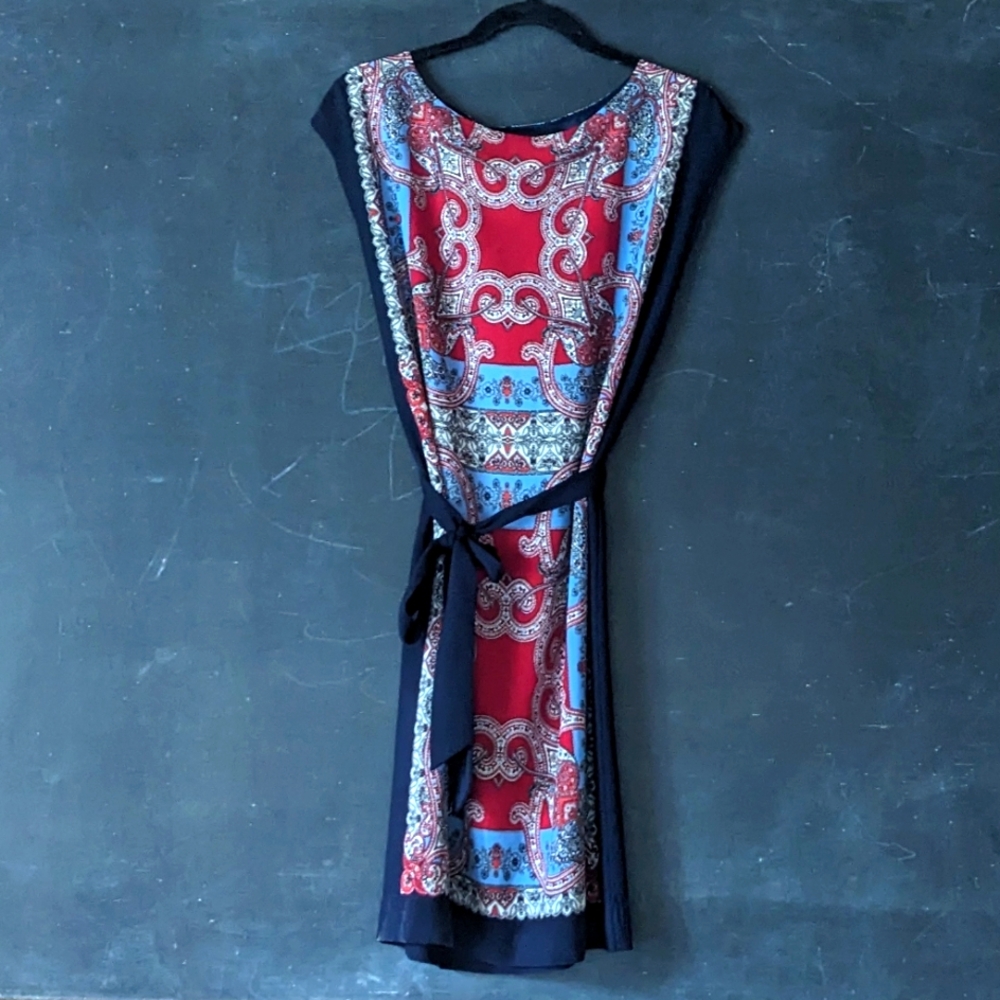 Talbots Handkerchiefs Dress Cap Sleeve Tie Waist Navy Red Paisley Sz S